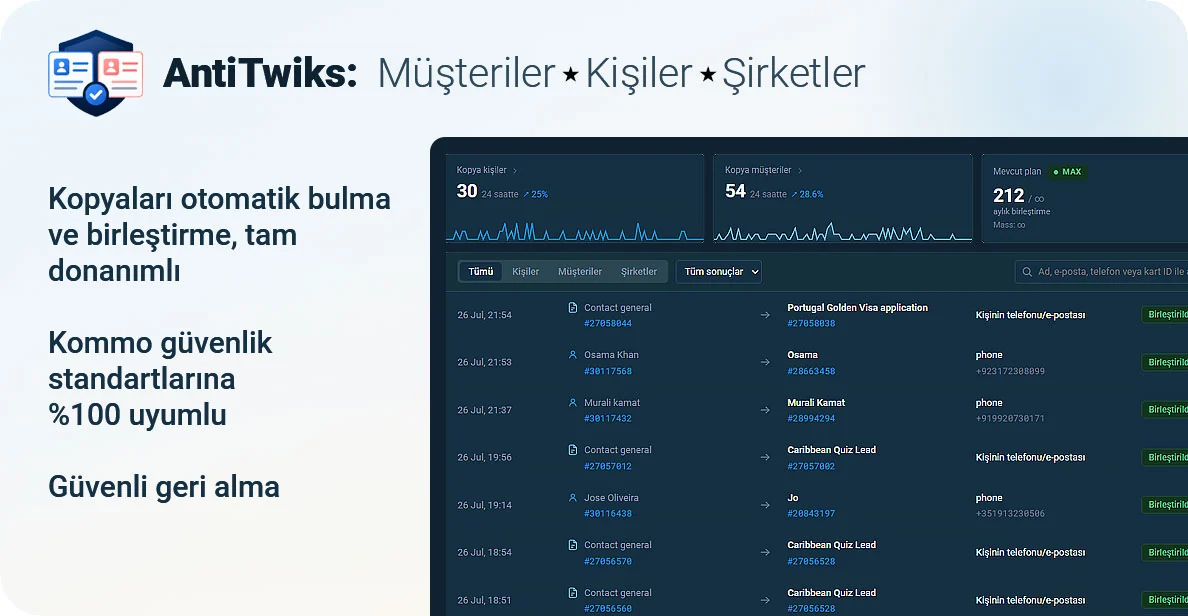 Kommo’da AntiTwiks: bulunan kopya kişi ve müşteri kayıtlarının birleştirildiği liste