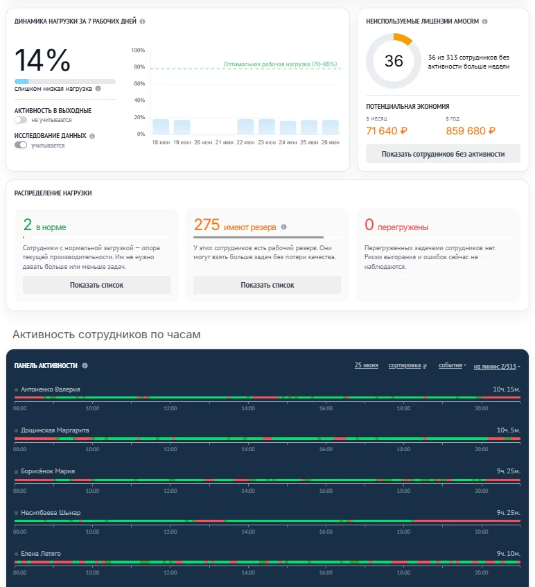 Sales dashboard and team analytics: workload dynamics, distribution across the team and activity by hour