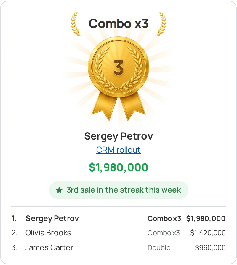 Sales Arena award window in Kommo: the Combo x3 achievement, the rep, the lead amount and the team leaderboard