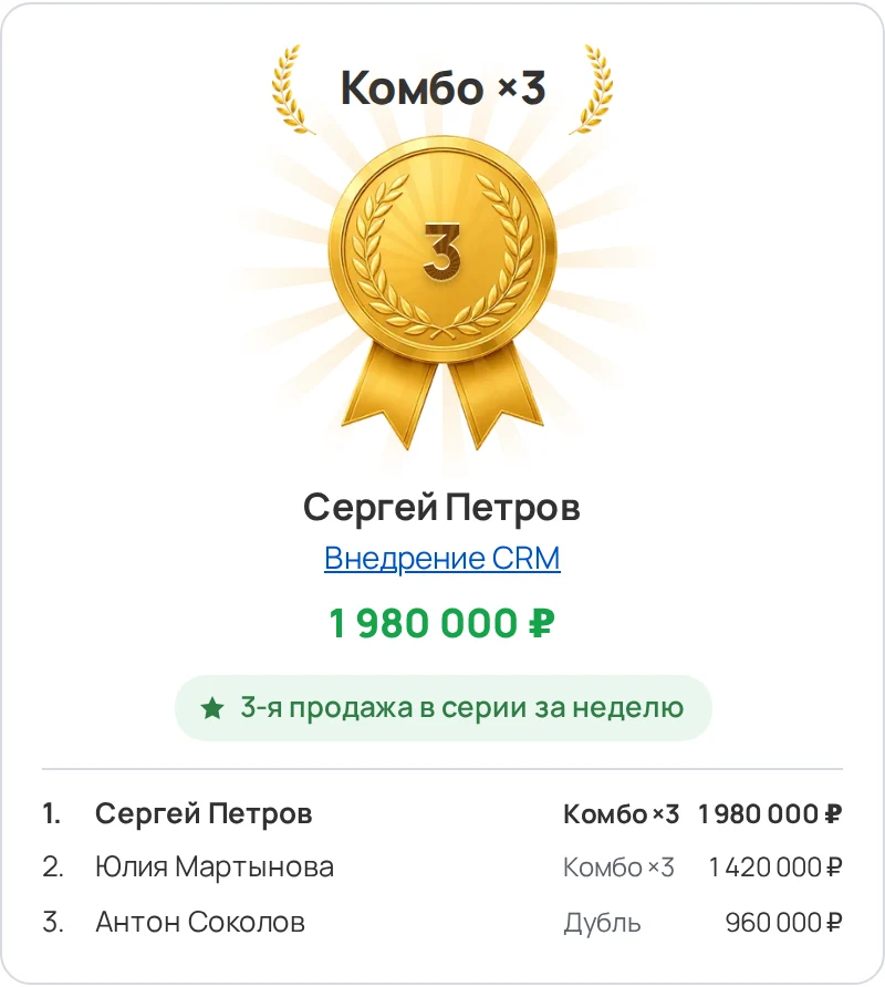 Окно награждения Sales Arena в Kommo: достижение «Комбо ×3», менеджер, сумма сделки и рейтинг команды