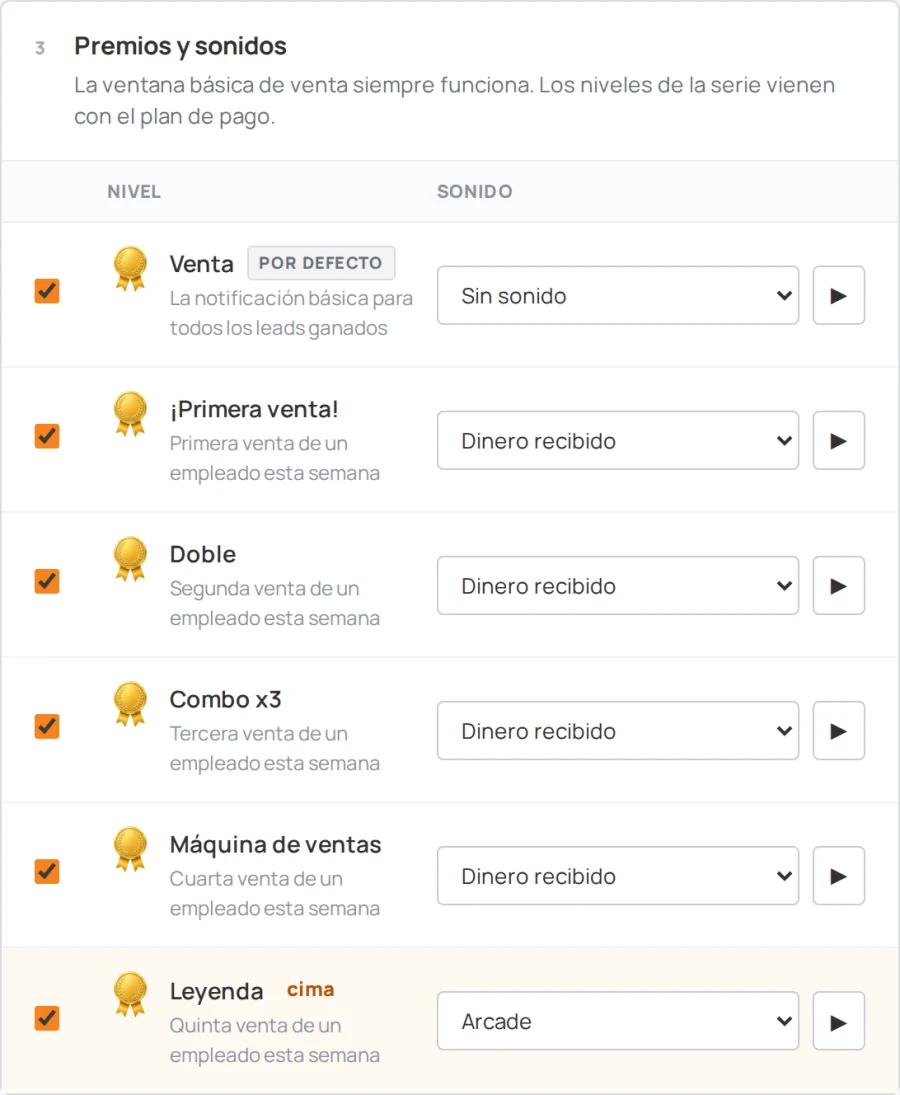 Ajustes de Sales Arena, bloque «Premios y sonidos»: niveles de «Venta» a «Leyenda» y el sonido de cada uno