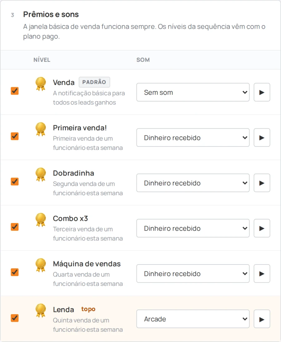 Configurações do Sales Arena, bloco «Prêmios e sons»: níveis de «Venda» a «Lenda» e o som de cada um