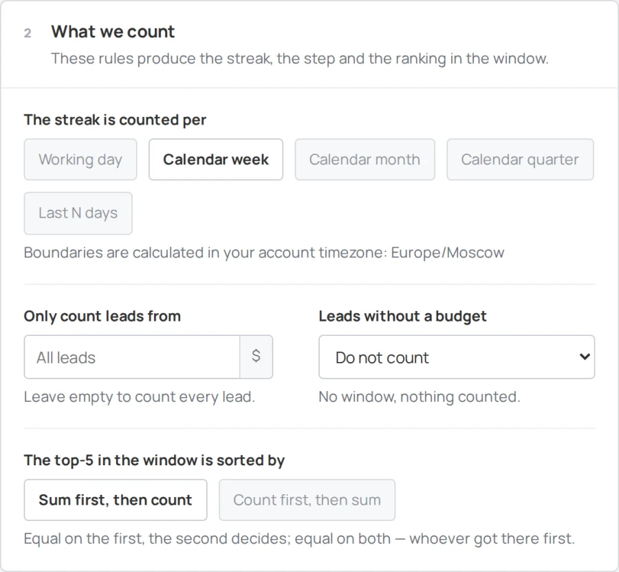Sales Arena settings, the What we count block: pipeline, won stage and streak period