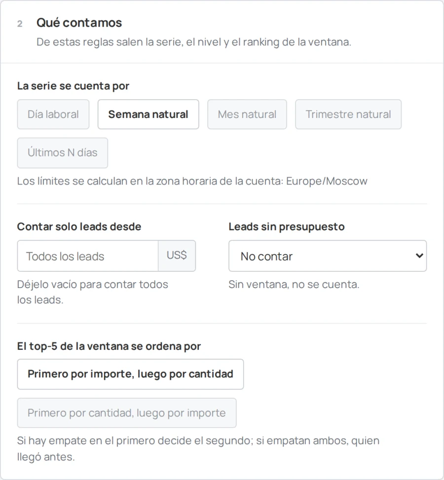 Ajustes de Sales Arena, bloque «Qué contamos»: embudo, etapa ganada y periodo de la serie