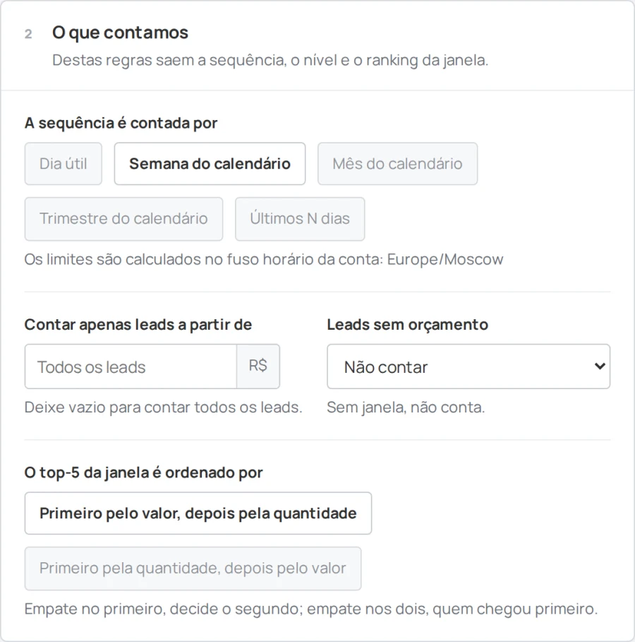 Configurações do Sales Arena, bloco «O que contamos»: funil, etapa de ganho e período da sequência