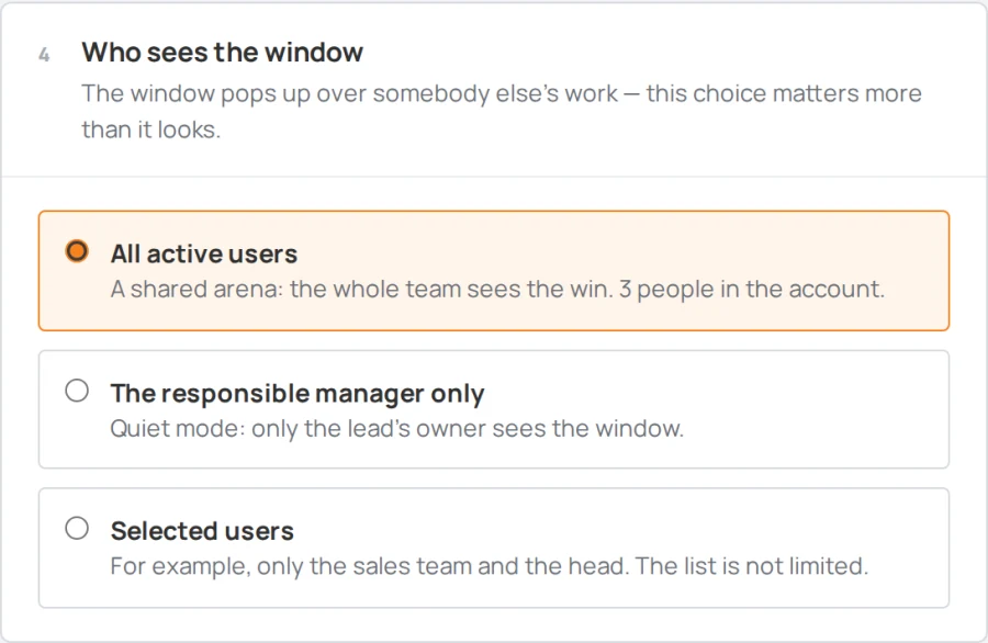 Sales Arena settings, the Who sees the window block: the whole team, the owner or selected people