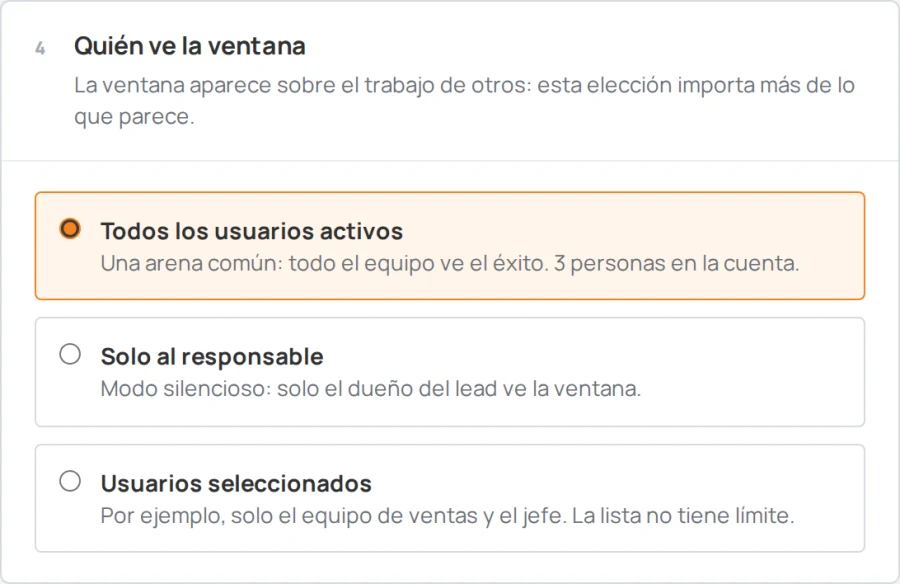 Ajustes de Sales Arena, bloque «Quién ve la ventana»: todo el equipo, el responsable o personas concretas