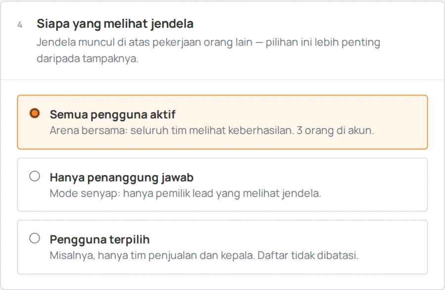 Pengaturan Sales Arena, blok «Siapa yang melihat jendela»: seluruh tim, penanggung jawab, atau orang tertentu