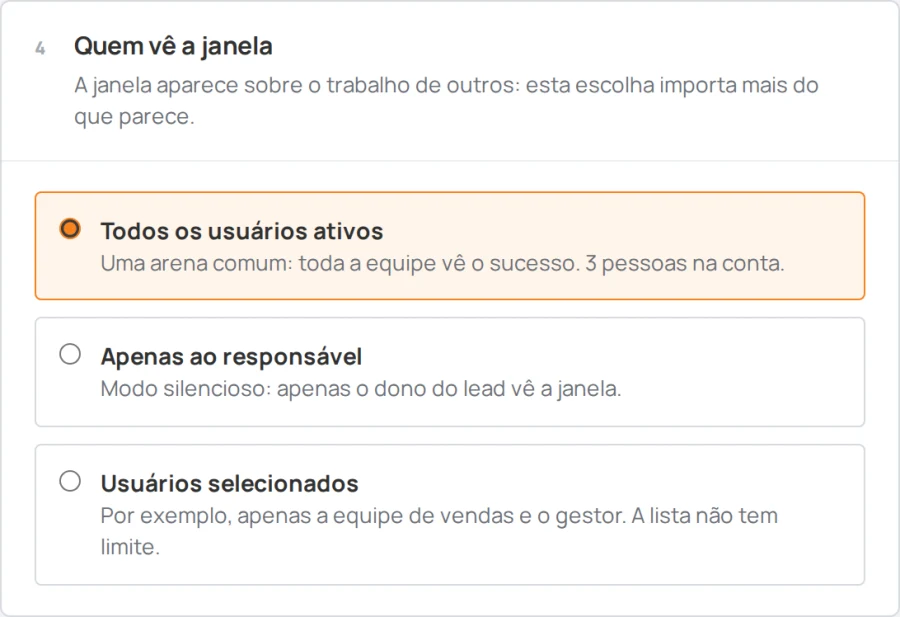Configurações do Sales Arena, bloco «Quem vê a janela»: o time todo, o responsável ou pessoas escolhidas